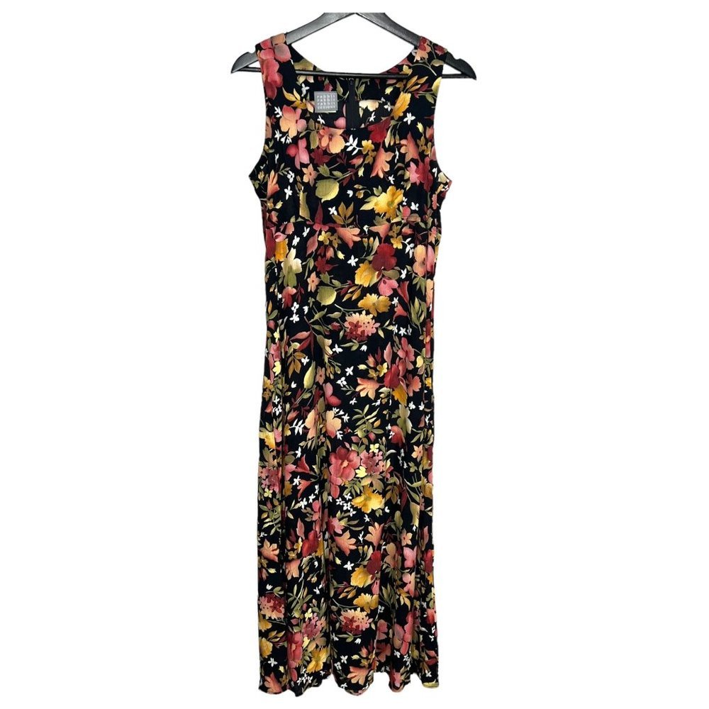 Vintage 90s Black Multicolor Warm Tones Flora Print Sleeveless Full Length Dress